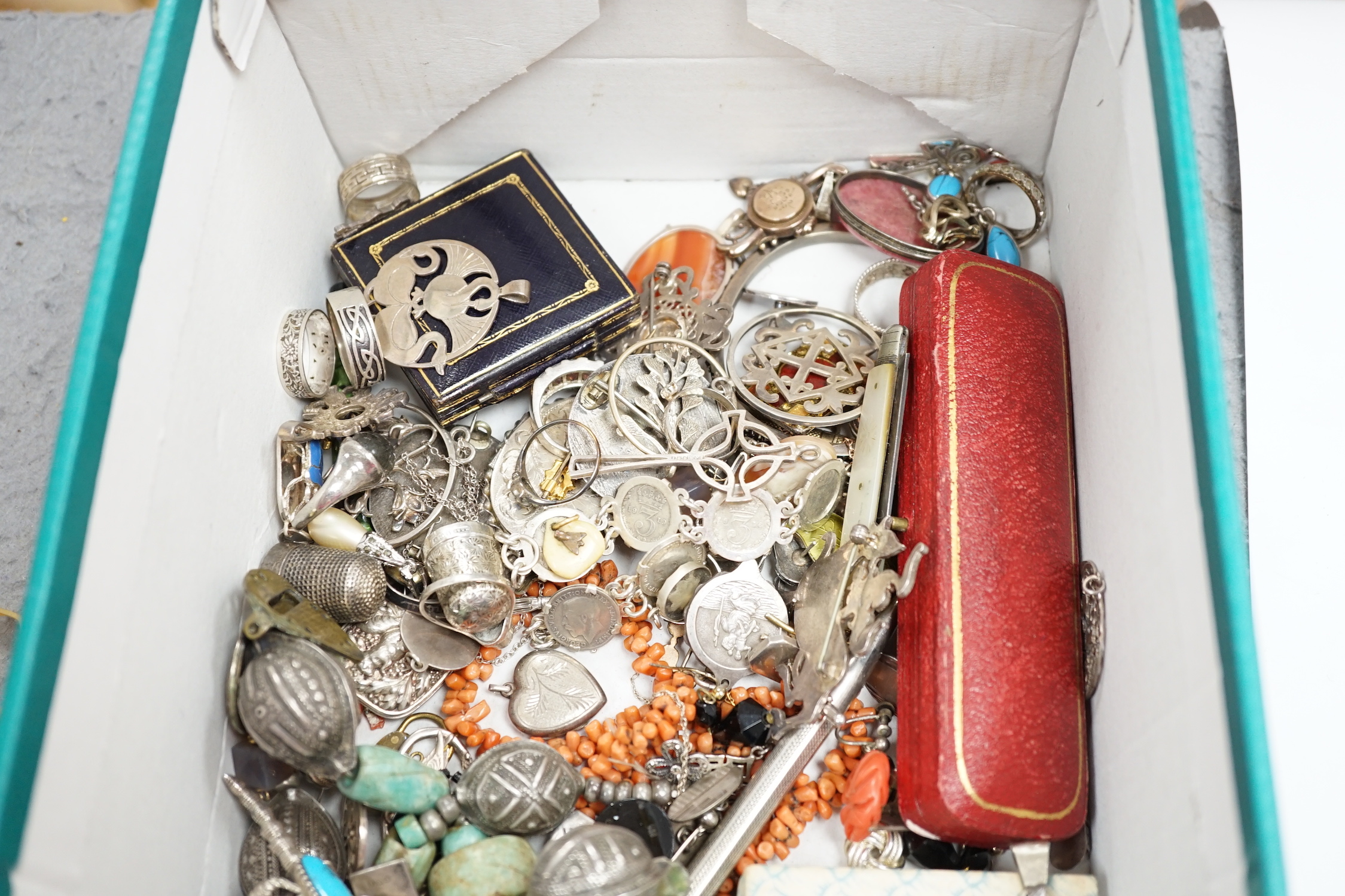 A quantity of assorted mixed silver, jewellery and other items including a sterling and enamel drop pendant, coral, silver brooches, Norwegian sterling and enamel flower brooch, fountain pen, pencils, cufflinks, silver s